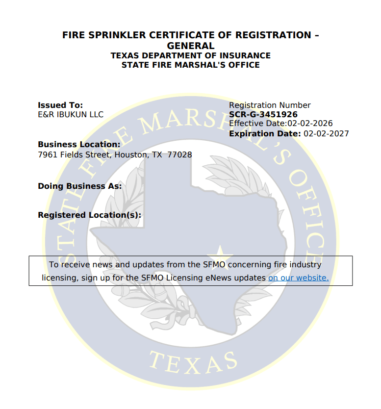 Texas Department of Insurance State Fire Marshal's Office Certificate SCR-G-3451926